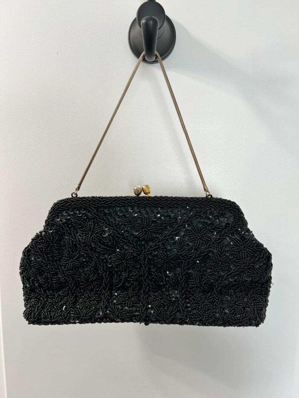 Vintage Black Beaded Evening Bag Hong Kong Rhinestone Clasp Formal Purse